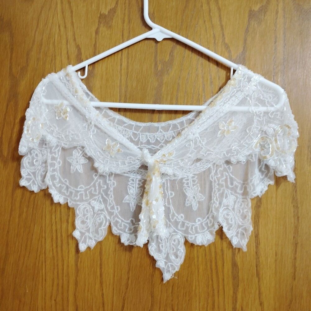 Vintage Victorian Lace Beaded Shawl Shrug Wrap Cream Old Hollywood Glamour Movie